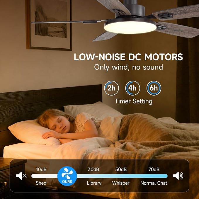 44 Inch Ceiling Fans with Lights and Remote for Bedroom Living Room Kitchen Office, Indoor/Outdoor Use, 5CCT Dimmable, Dual Color 5 Blades, 6 Speed Reversible Quiet DC Motor, Brown/Wood Grain