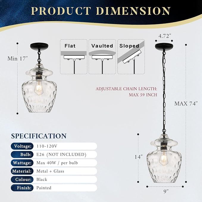 Farmhouse Black Glass Pendant Lighting for Kitchen Island, Modern 9" Hanging Light Fixture for Dining Room Kitchen Sink Entryway Hallway Bedroom, E26 Base
