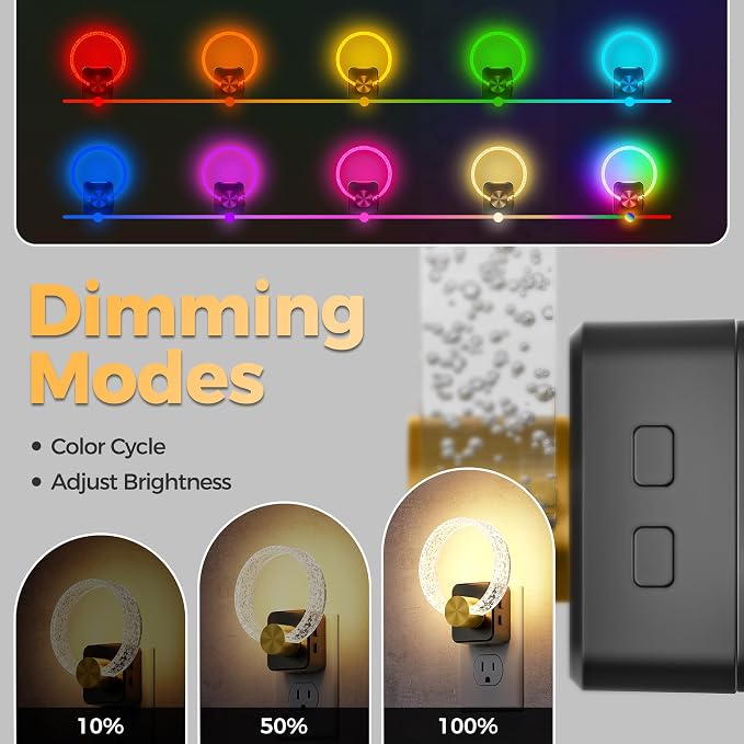 Night Lights Plug into Wall, LED Night Light Color Changing RGB | Dusk-to-Dawn Sensor, Adjustable Brightness, Dimmable Nightlights for Hallway, Bedroom, Kids Room, Room Decor