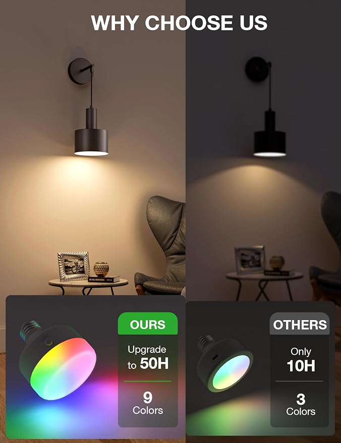 Battery Operated Wall Sconce Set of 2, Black Wireless Rechargeable Wall Lights with 5200mAh Dimmable Detachable Bulbs and Remote, 9 Colors Sconces Wall Decor for Bedroom Living Room Hallway