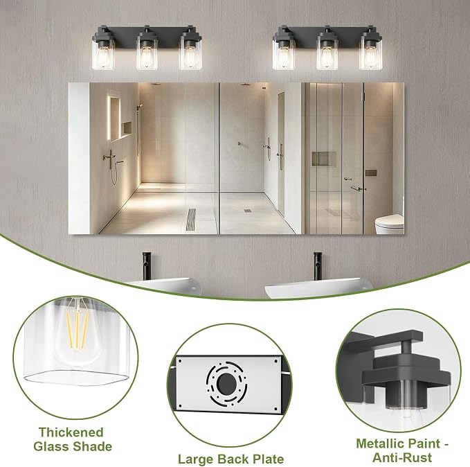 Black Bathroom Light Fixtures, 3 Lights Bathroom Lighting Fixtures Over Mirror, Square Design & Rectangle Large Backplate, Modern Vanity Lighting Fixtures, for Bathroom/Living Room/Bedroom