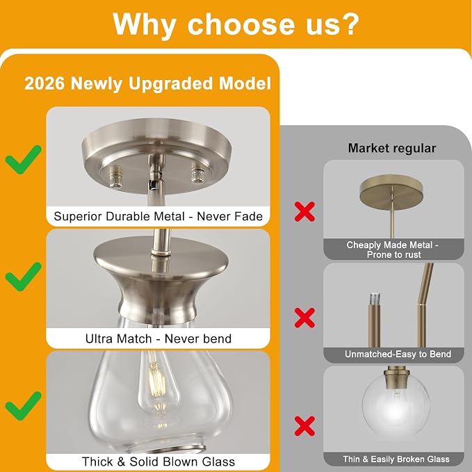 2 Pack Modern Pendant Lights Kitchen Island, Brushed Nickel Pendant Light Fixtures with 8.5" Clear Glass Shade,Industrial Hanging Pendant Lights Fixture for Kitchen Island Dining Room Bedroom Entryway