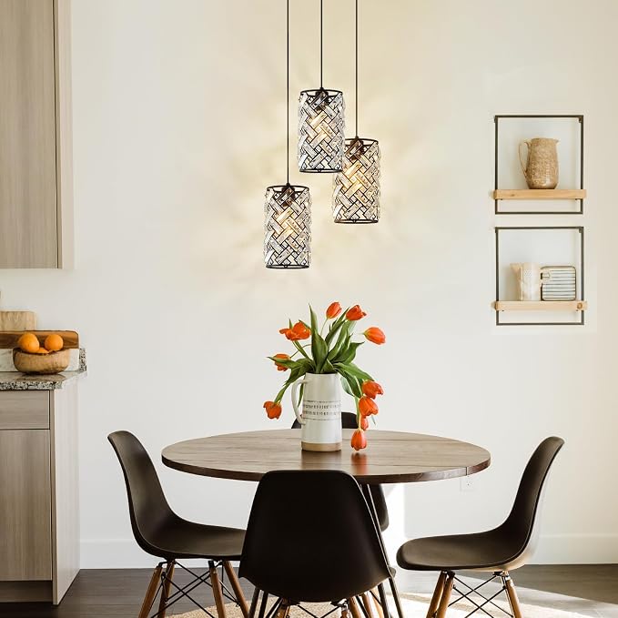 CATINER Modern Black Crystal Pendant Light Fixture, Mini Chandelier 3-Pack for Kitchen Island, Dining Room, Living Room, Hallway, Porch, Bedroom Lighting
