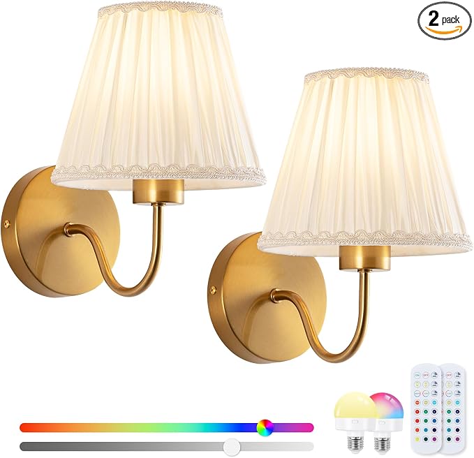 Battery Operated Wall Sconces Set of 2, Wireless Wall Sconces, RGB Rechargeable Dimmable, Brass-Color Vintage Wall Sconce for Bedroom, Living Room, Hallway Bulbs Included