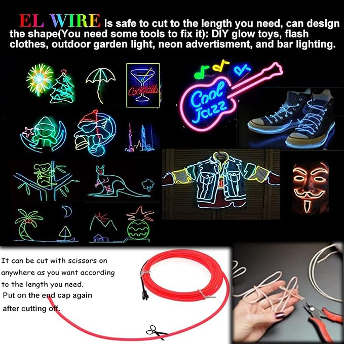 MaxLax EL Wire Pink 5-Pack, 9ft/2.75m Neon Light Wire with Noise Reduction and Battery Pack…