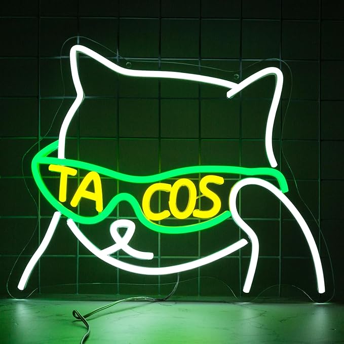 Tacos Sunglasses Cat Neon Sign, Anime Neon Signs for Wall Decor, Dimmable Led Signs for Bedroom, Cool Cat Light Up Signs for Mexican Restaurant Bar Beer Man Cave Party Decorations Gifts