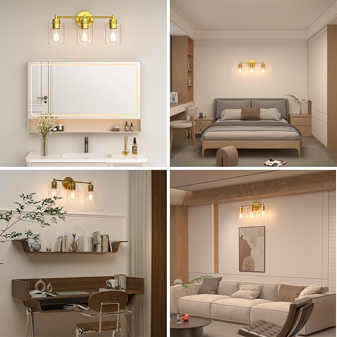Bathroom Vanity Light Fixtures, 3-Light Brushed Gold Wall Sconce with Clear Glass, Modern Vanity Lights Over Mirror for Bathroom, Kitchen, Living Room, Mirror, E26 Base(Bulbs Not Included)
