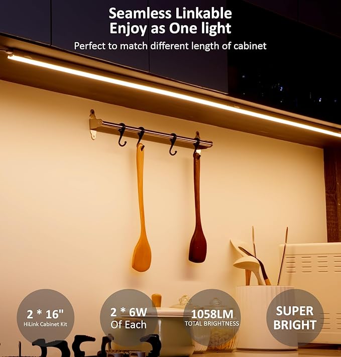 Under Cabinet Lighting Plug in, 16 Inch 2 Pcs, Linkable AC120V 3CCT 3000K/4000K/5000K Ultra Slim, LED Under Cabinet Lights for Counter Light, Kitchen, Shelf, Sink, Workshop, Desk, White