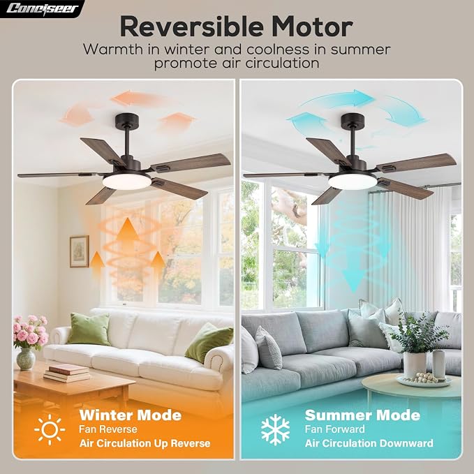 Conciseer 52 Inch Ceiling Fans with Lights and Remote for Bedroom Living Room Kitchen Office, Indoor/Outdoor Use, 6CCT Dimmable, 5 Blades 6 Speed Reversible Quiet DC Motor, Brown/Wood Grain