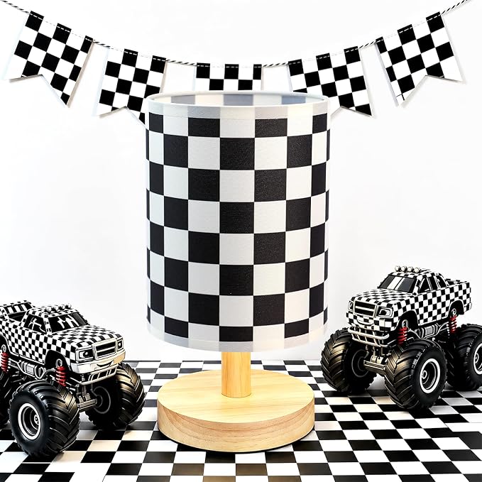 Checkered Bedside Lamp for Boys' Bedroom Kids, Bedside Lamp with Linen Wooden Nightstand, Checkered Lampshade Nursery Decor