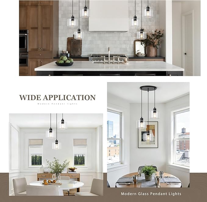 3-Light Pendant Lighting, Black Dining Room Chandelier Light Fixture Over Table with Clear Glass, Modern Cluster Hanging Lights for Kitchen Island Dining Room Sink, OS-YQ8153-3BKC