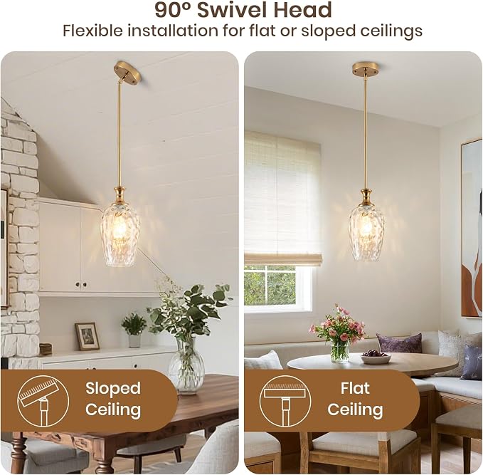 Modern Gold Pendant Lights, Adjustable Kitchen Island Pendant Lighting Fixtures with Clear Glass Shade, Hanging Light for Dining Room, Bedroom & Home Decor (Bulbs Not Included) 2 Pack