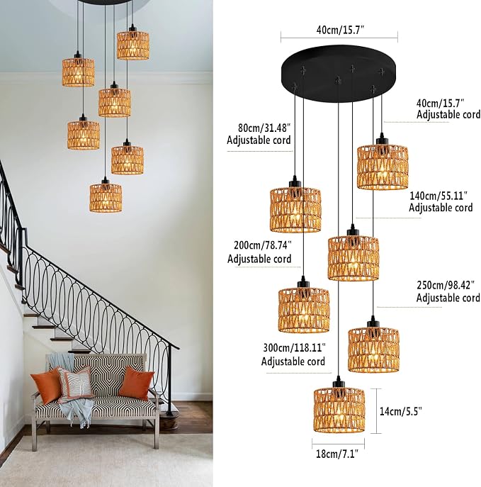 6-Light Coastal Chandelier Hand Woven Wicker Ceiling Lamp E26 Base Black Rustic Adjustable Long Staircase Hanging Lights for Farmhouse Kitchen Island, Boho Rattan Light Fixture