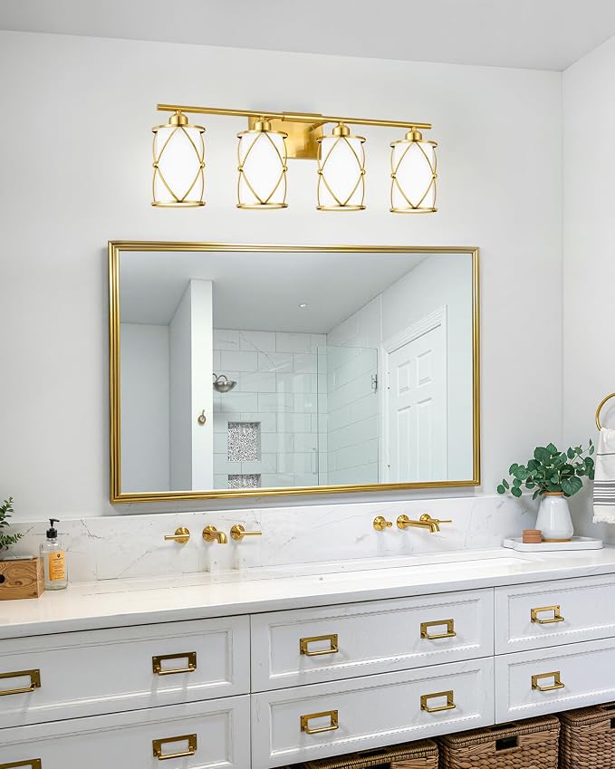 4-Light Brushed Gold Bathroom Light Fixtures with Milk Frosted Glass, 29" Modern Bathroom Vanity Lighting Fixtures Over Mirror with Metal Cage, Wall Sconce Lights for Bath, E26, CH9176BGW-4W