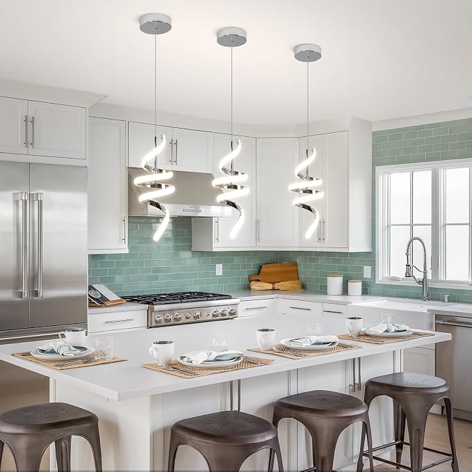 4000K Modern Pendant Light, 15IN Spiral LED Pendant Lights Adjustable Height Black Kitchen Island Fixtures Chandeliers for Dining Room Hanging Lights, 1 Pack (Chrome,4000K, Hardwired,2PACKS)