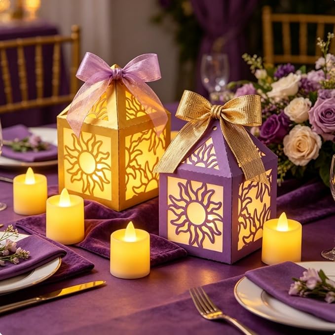 32 Pcs Sun Lantern Centerpieces with LED Candles and Ribbon | Paper Material, Princess Girls Birthday Party Festival Decorations, 16 Lanterns+16 Candles