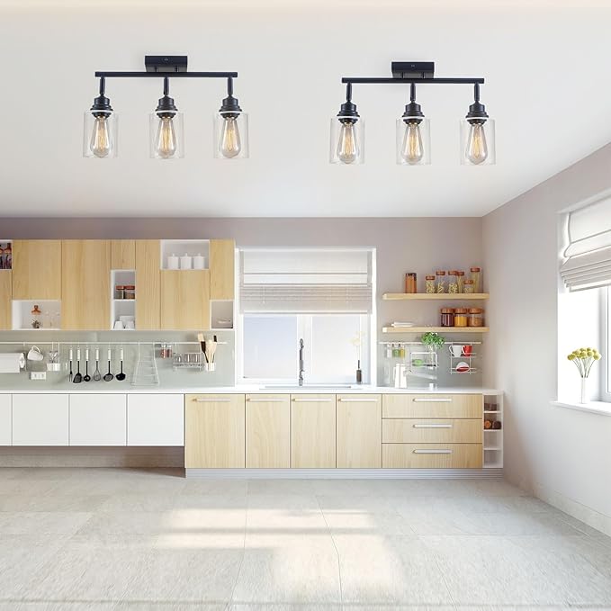 3-Light Matte Black Track Lighting Ceiling Mount for Kitchen | 350° adjustable track heads with clear glass shades, E26 ceiling mount for kitchen, bathroom and vanity lighting