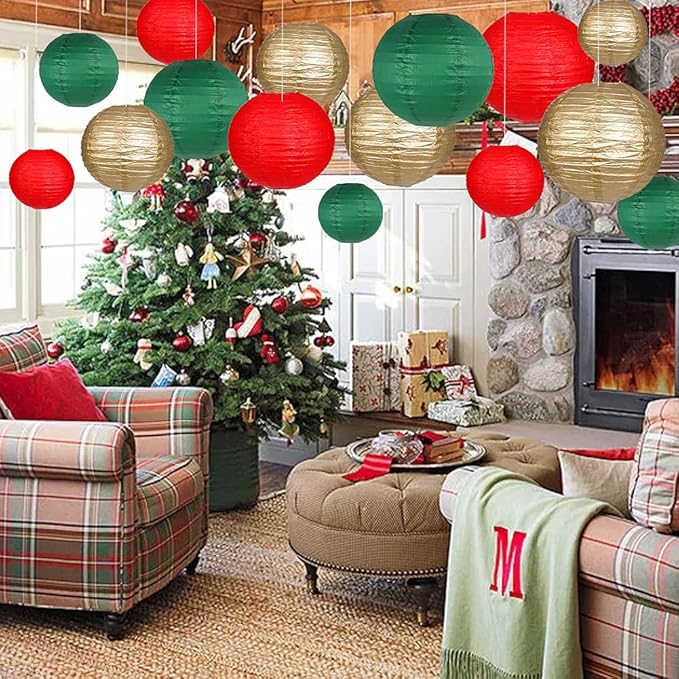 Paper Lanterns Decorative, Round Hanging Paper Lanterns Decorations for Christmas Graduation Anniversary Birthday Party Supplies Green/Red/Gold 15pcs