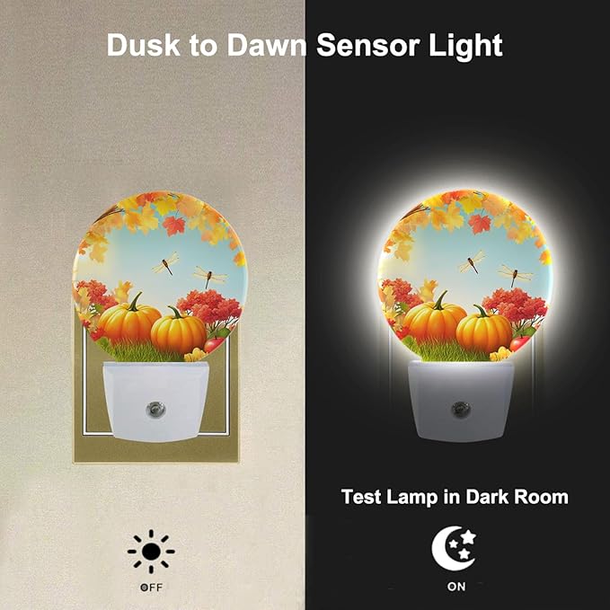 Autumn Night Light Thanksgiving Harvest Fall Maple Leaves Dragonfly Nightlights Auto On/Off Dusk to Dawn Plug-in Nightlights for Home Bedroom Living Room Bathroom
