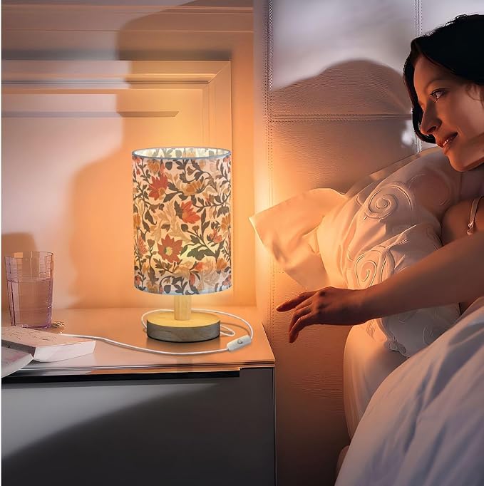 Fustylead Retro Vintage Fall Floral Bedside Table Lamps with USB Port for Bedroom Lamp Small Nightstand Lamp Sturdy Linen Shade Wooden Decorative Lamps for Living Room Home Dorm Kids
