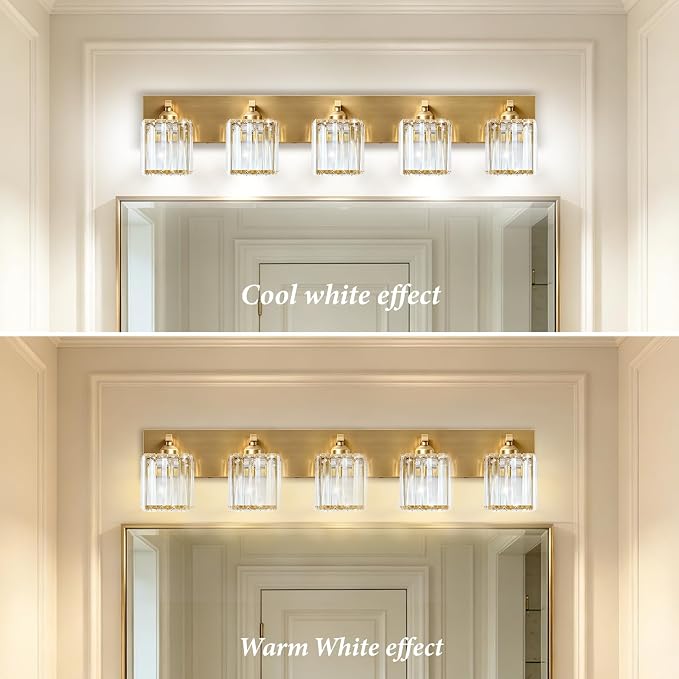 Gold Crystal Bathroom Vanity Light, 5-Light Modern Bathroom Lighting Fixtures Over Mirror,Chrome Wall Sconce Light Fixtures with Square Shade