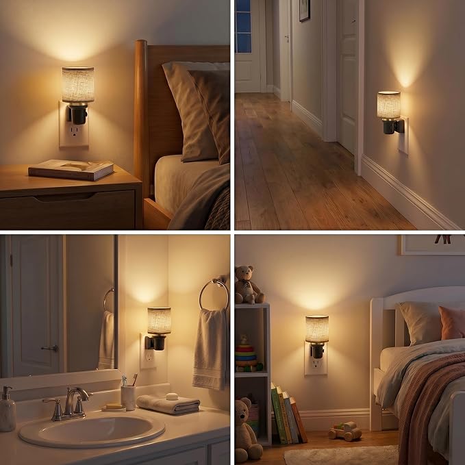 JandCase Night Lights Plug into Wall 2 Pack Linen Fabric Vintage Nightlight | 0-100LM Dimmable Farmhouse Decorative Nightlights with Dusk to Dawn Sensor, for Bedroom Living Room Hallway
