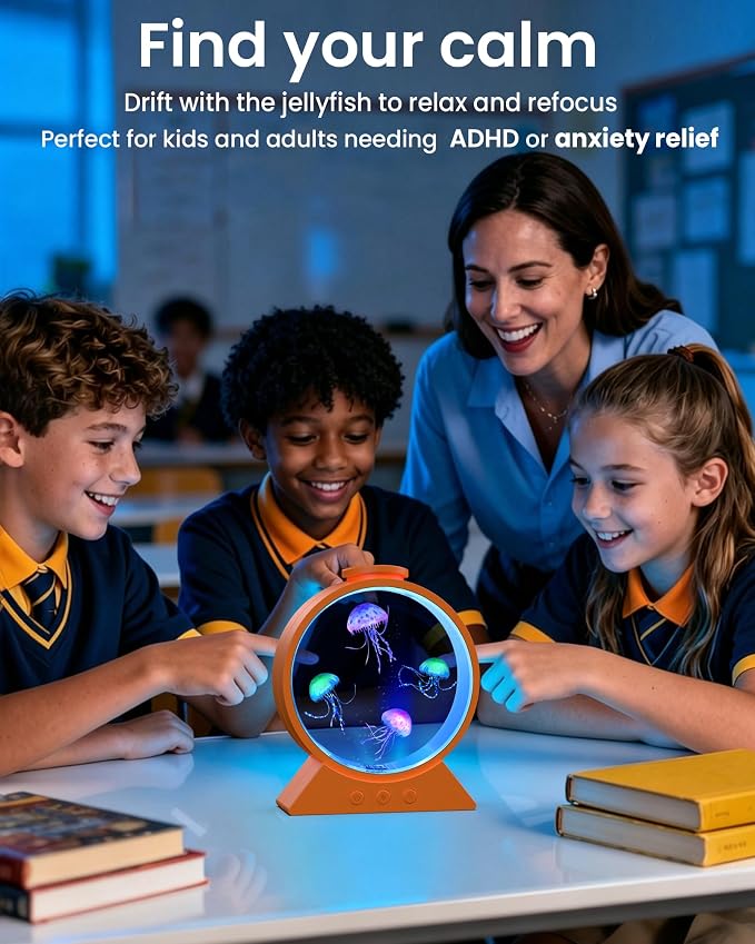 Jellyfish Lamp for Sleep Anxiety Calming Light for Bedroom(Cosmic Orange) | Whisper-Quiet Sensory | 7 Soft Color Modes | Adjustable Water Flow | 8H Auto-Off Timer | Rounded Tank Lamp Gift for All Ages