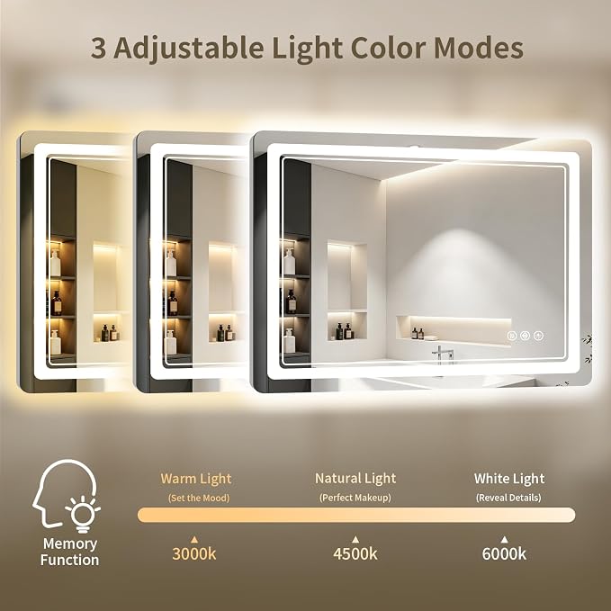 36"x36" LED Bathroom Mirror with Lights, Backlit + Front Lit, Anti-Fog, Lighted Bathroom Mirror for Wall, HD Shatterproof Tempered Glass, Dimmable, Memory Function (Horizontal/Vertical)