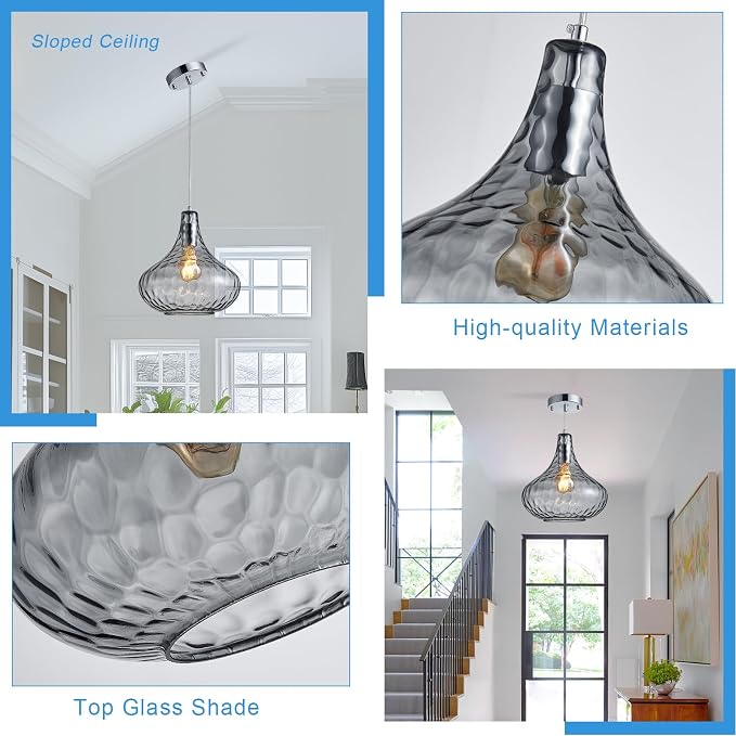 Hammered Glass Pendant Light 11" Industrial Farmhouse Ceiling Light | Smoke Gray Glass Shade, Chrome Finish, E26, Adjustable Hanging Light for Kitchen Island, Dining Room, Entrywayv