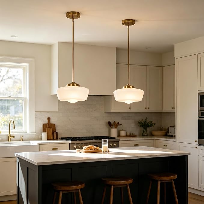 Schoolhouse Pendant Light Fixture, 12" Brass Hanging Light with Opal Milk Glass Shade, Adjustable Farmhouse Globe Pendant Light for Kitchen Island, Dining Room, Hallway, Entryway, Laundry, Bedroom