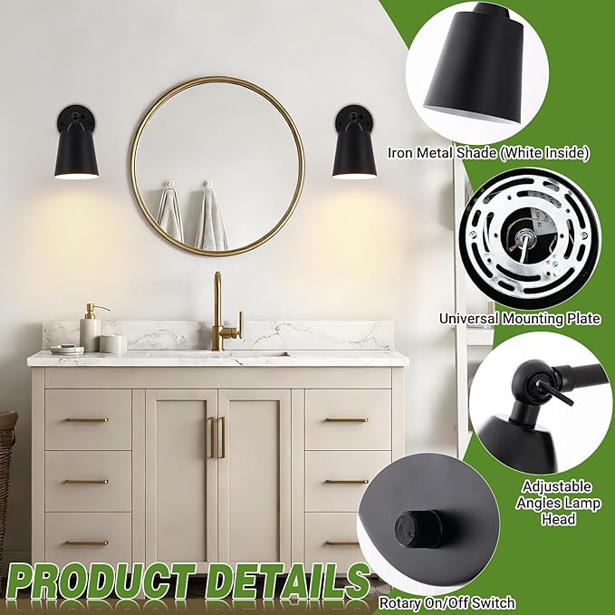 Dimmable Wall Sconces Set of Two, Bedside Wall Mount Lamp with Rotary Switch, Black Bathroom Vanity Lights with Metal Shade, Hardwired Swing Arm Wall Lights for Bedroom Living Room Hallway