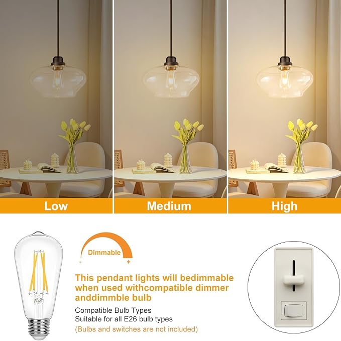Modern Pendant Lights Kitchen Island,Oil Rubbed Bronze Pendant Light Fixtures with 11" Clear Glass Shade,Industrial Hanging Pendant Lights Fixture for Kitchen Island Dining Room Bedroom Foyer Entryway