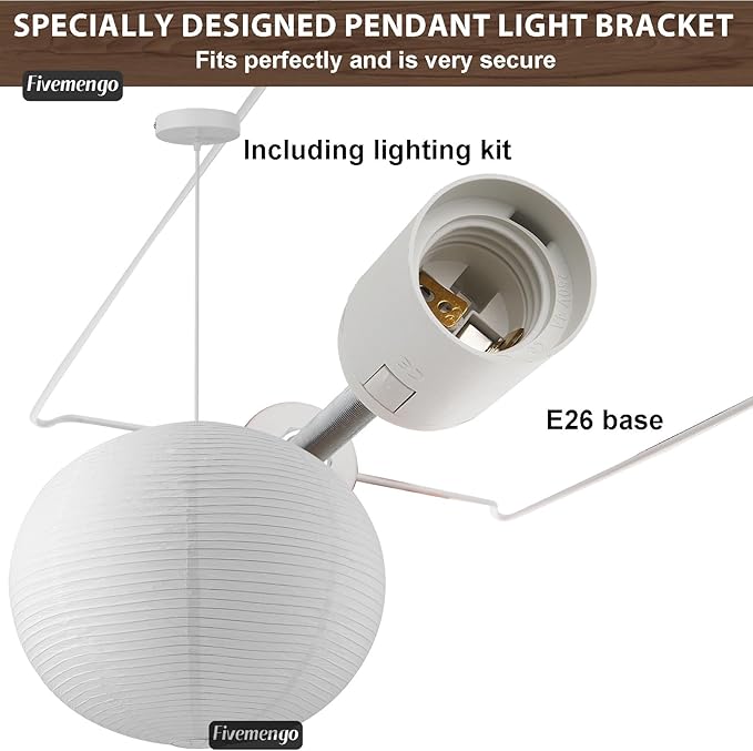 Large Rice Paper Pendant Light Kit, 20in White Globe Paper Lantern Lights, E26 Base, Japanese Hanging Lantern Lamp Japandi Chandelier for Dining Room Bedroom Office Living Room
