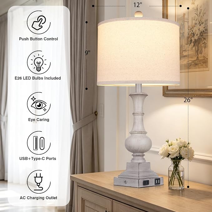 26" Tall Farmhouse Table Lamp for Bedroom, Vintage Touch Control Bedside Lamp for Living Room with USB A/C Charging Ports & AC Outlets,Rustic 3-Way Dimmable Nightstand Lamp for Side Table Antique Gray