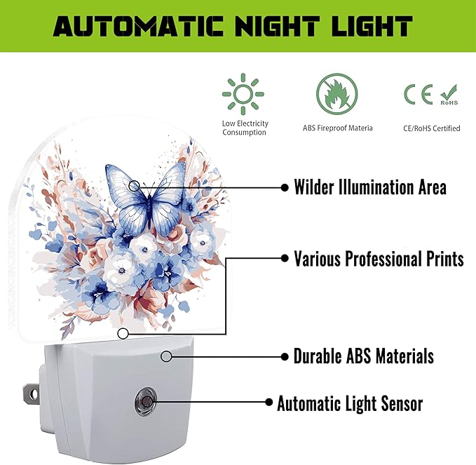 Watercolor Butterfly and Flowers Night Light for Kids,Elegant Blue Floral Plug in Night Light with Dusk to Dawn Sensor, 0.5w Energy Saving Nightlight for Hallway Stairway Kitchen Bedroom