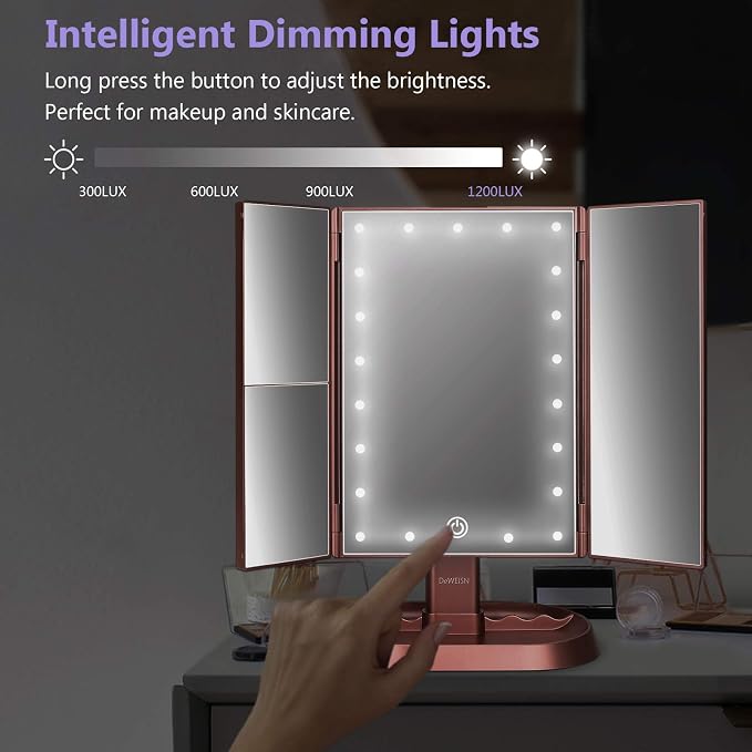 Trifold Lighted Vanity Makeup Mirror with 21 LEDs Lights,1x/2x/3x Magnification and Touch Screen Dimming,Two Power Supplies Makeup Mirror, Gift for Women