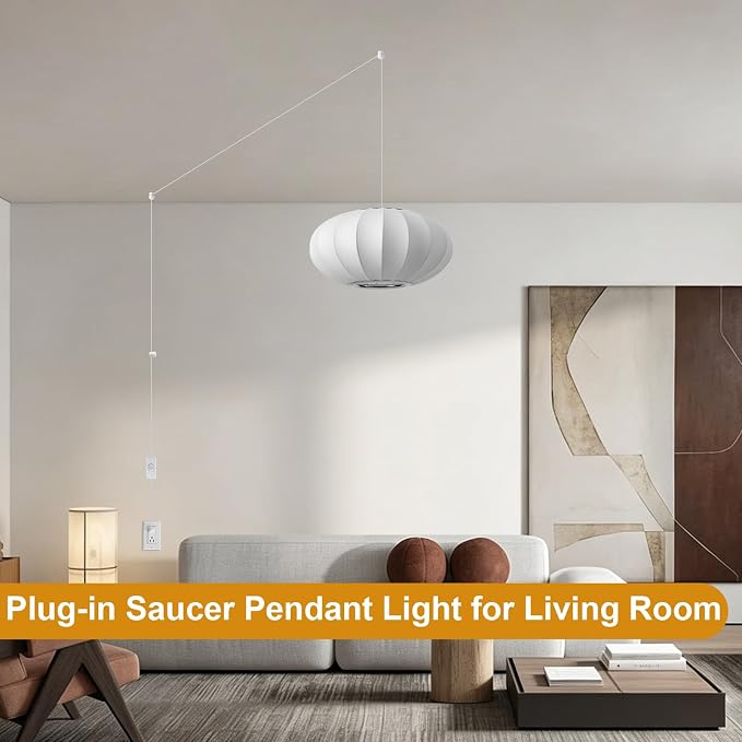 11.8in Plug in Pendant Light Small Lantern, White Imitation Silk | Plug in Hanging Lamp Wabi Sabi Japanese Bubble Lantern Pendant Chandelier for Living Dinning Room Kitchen Island Bedroom 1PK