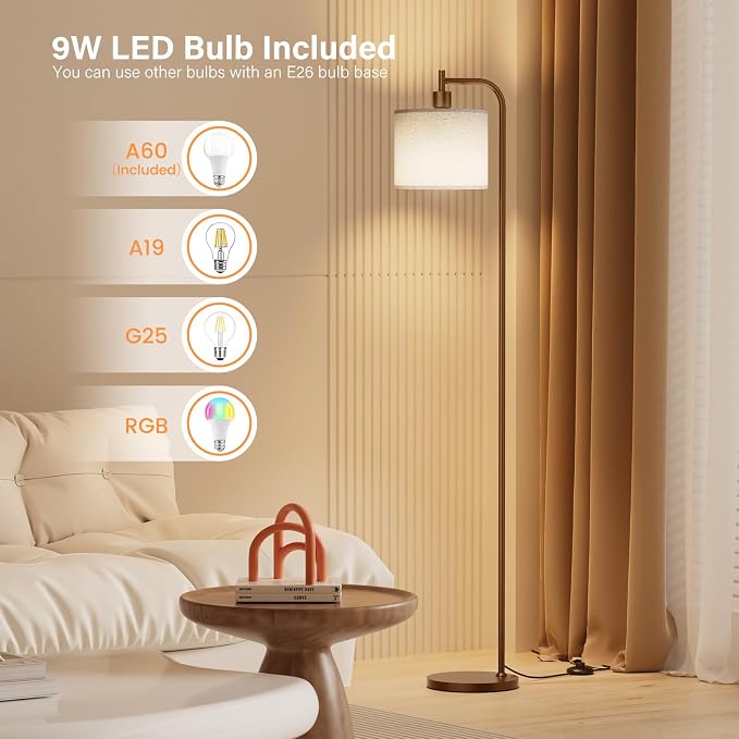 Floor Lamp for Living Room, Tall Standing Lamp with Linen Shade | Dimmable with Remote Control, 3 Color Temperatures, 9W LED Bulb Included, Ideal for Bedroom, Office and Reading Corner