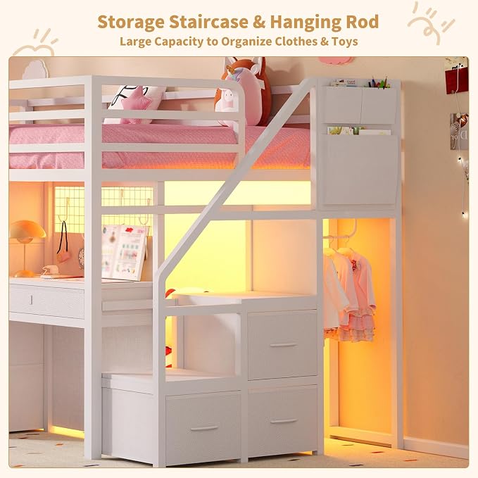 Twin Loft Bed with Desk, 12 Drawers, RGB Lights & Wide Step Stairs, White | Built-in Power Outlet, Clothes Rack, Pockets, Display Grid, Under Bed Play Fort, 11.8''H Safety Guardrail & Ladder