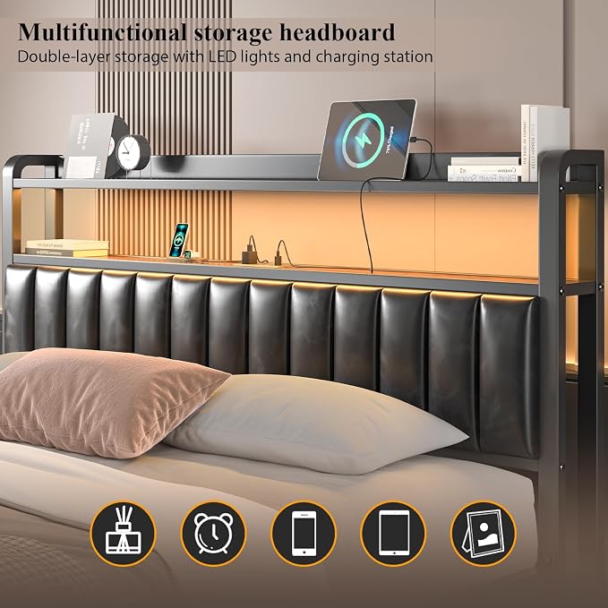 Full Size Bed Frame and Upholstered Storage Headboard, LED Light, Black | Built-in Charging Station, Wheeled Under-bed Drawers, Heavy-Duty Metal Slats, Noise-Free, Easy Assembly, No Box Spring Needed