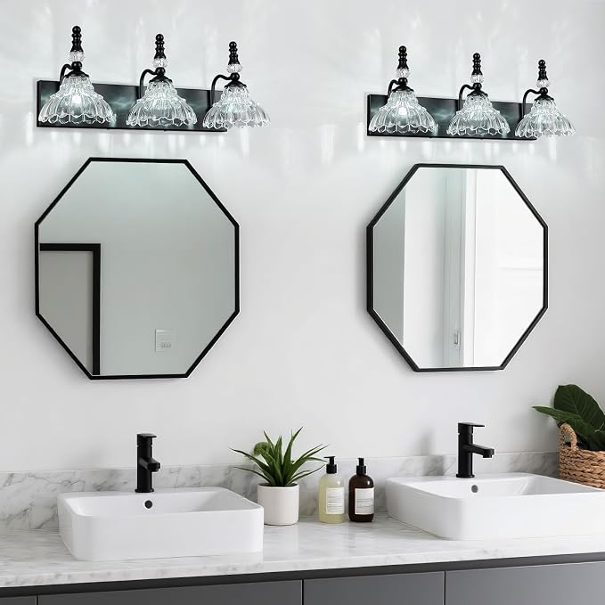 Vintage Bathroom Vanity Light, 3-Light Black Vanity Lighting Fixture with Flower Glass Shade, Bathroom Lighting Fixtures Over Mirror