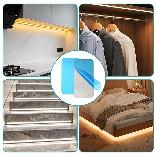 16pcs Under Cabinet Light Magnetic Strip, Adhesive Metal Plates for Magnets, Magnetic Strips with Adhesive Backing for Kitchen Stairs Closet and Bedroom (Not Magnets)