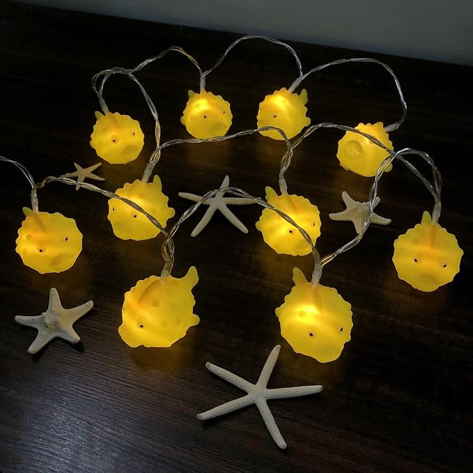 Cute Puffer Fish Night Lights 5.4FT 10 LED Battery Operated Cartoon Animal Fairy String Lights for Bedroom Home Holiday Yellow Theme Party Decoration (Puffer Fish, 1.65m/10LED)