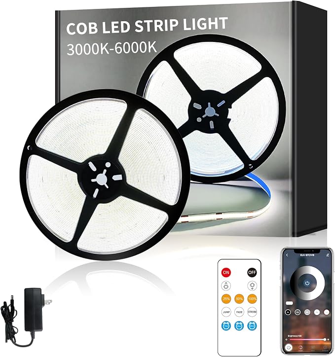50FT COB LED Strip Lights DC 24V Dimmable 6000K White | Flexible LED Tape Light for Bedroom, with Remote and app Control LED Tape Lights CRI90+,for DIY Home Decoration