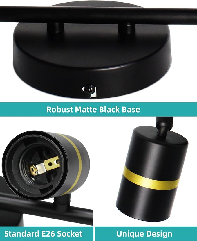HiBay 2-Light Track Lighting, Rotatable Ceiling Spotlight, Black Gold, E26 | 2 heads for a small accent area, adjustable black-gold design aims light where needed, E26 base for your own bulbs