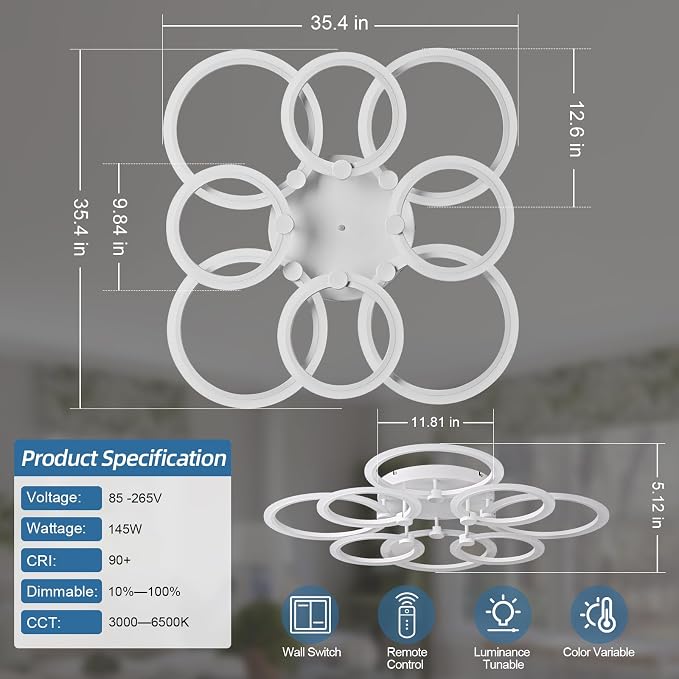 LED Ceiling Light, 8-Ring Modern Flush Mount Fixture, 145W Dimmable 3000K–6500K, White Ceiling Light with Remote for Living Room Bedroom Kitchen (35.4")