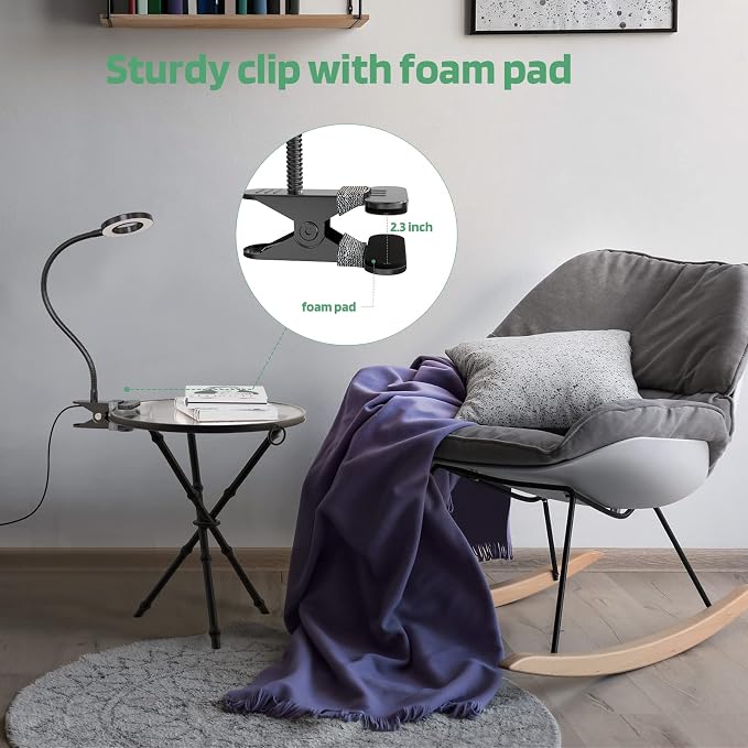 Glorious-LITE Clip on Light 36 LED Eye Caring Reading Light for Bed Black | 360° Flexible Gooseneck, With 4 Color Modes, Dimmable Book Light for Bed, Desk, Headboard, USB Powered, With 59inch USB Wires