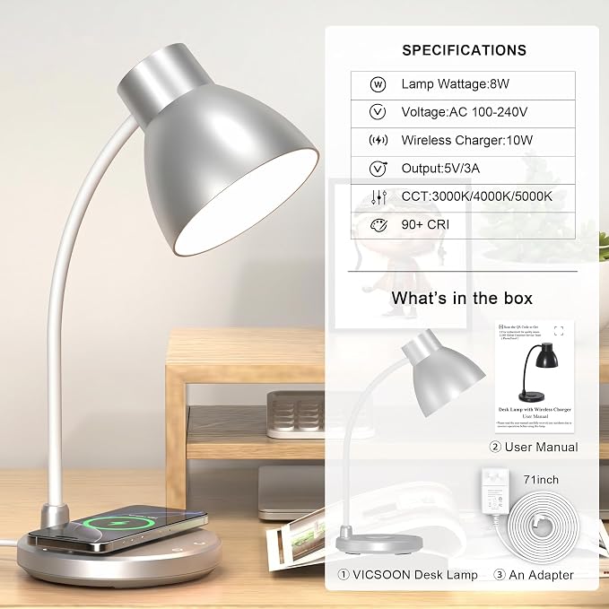 LED Desk Lamp for Home Office with Wireless Charger, Silver | 3 Color Modes Dimmable Eye-Caring Study Reading Dorm Desk Lamp, 360° Flexible Arm Table Lamp for College Dorm Room, 800 Lumen