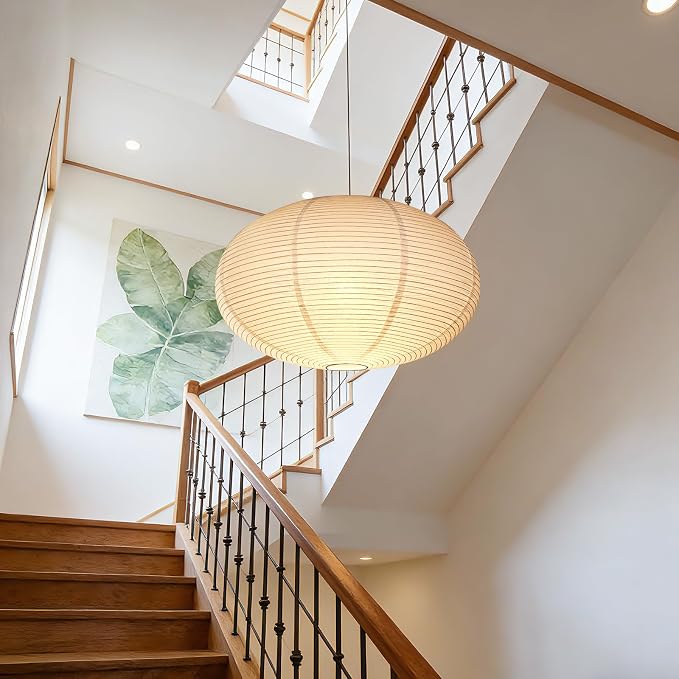 White Paper Lantern, 20-inch Flat Round Lamp Shade | Japanese Style Handmade Hanging Pendant Light Shade for Bedroom, Party and Home Decoration Lighting