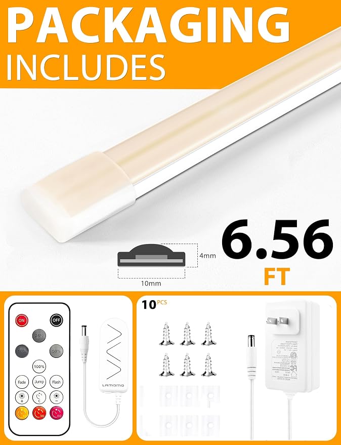 Lamomo COB LED Strip Lights 6.56Ft, Natural White Dimmable Self-Adhesive Led Rope Light with Remote, Flexible Cuttable Waterproof 3000K Silicone Neon Tape Light for Bedroom, Cabinet, 10mm Width